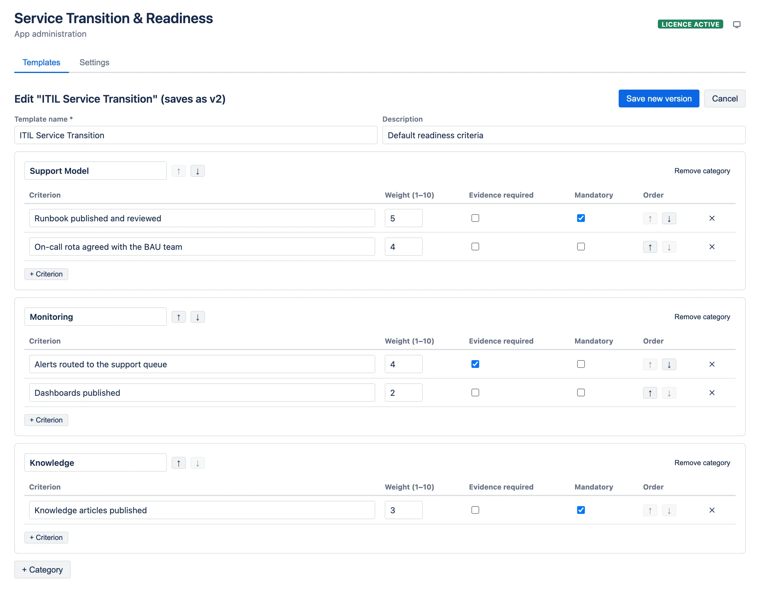The template editor, editing an existing template — note the heading and the Save new version button