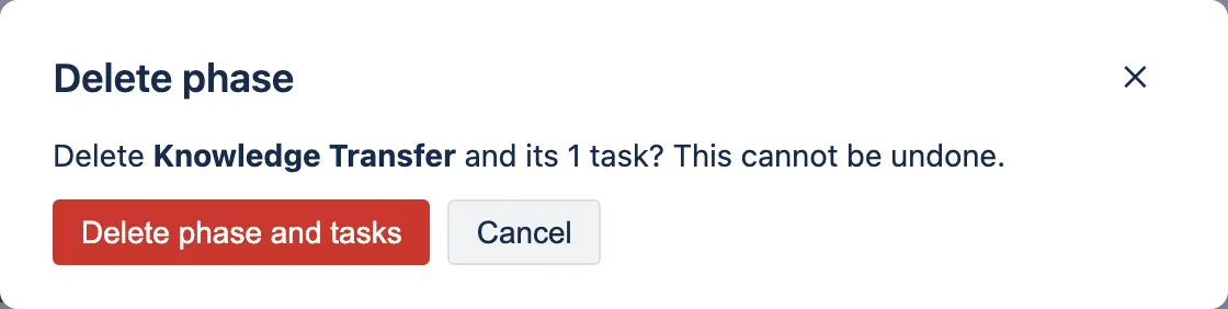 Confirming a phase deletion, naming the phase and its task count