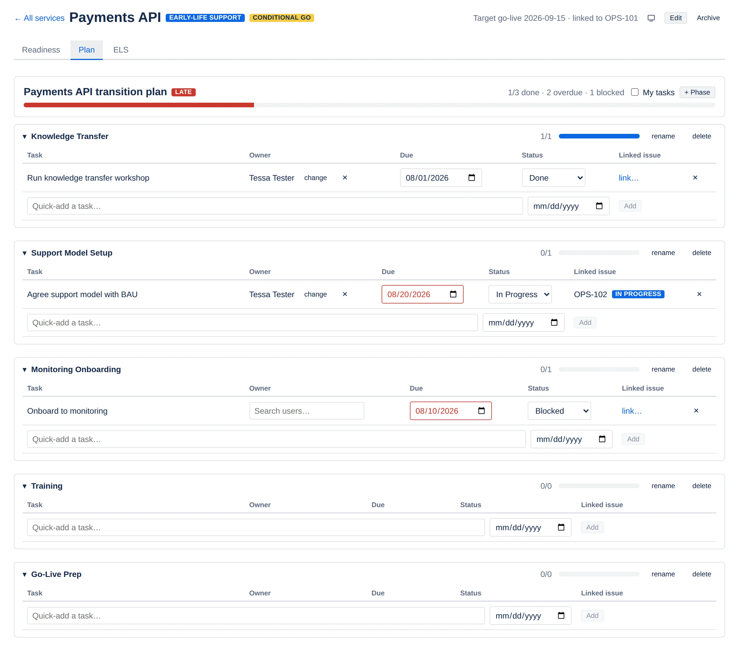 A transition plan with phases, tasks, owners, due dates and linked issues