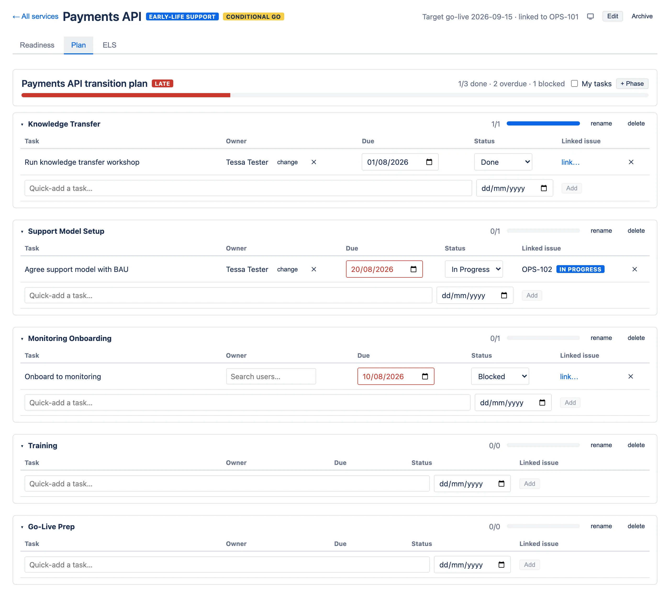 A transition plan with phases, tasks, owners, due dates and linked issues